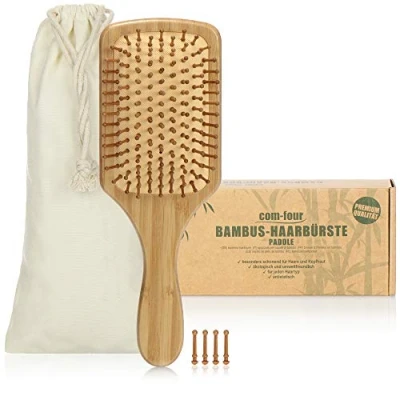 Imagen de COM FOUR® cepillo para el cabello natural hecho de bambú plano con cerdas naturales un naturalmente hermoso hombres, mujeres, niños (1 pieza paleta)