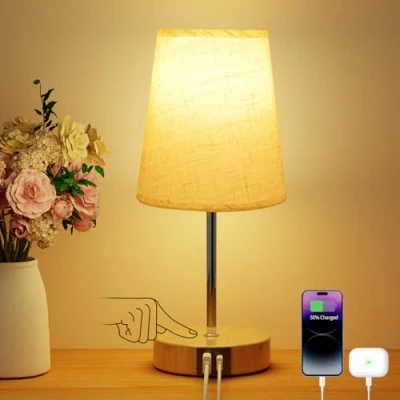 Imagen de Suright Lámparas de Mesita Noche Táctil con Puertos Carga USB A+C, Lámpara Regulable 3 Niveles Brillo, Mesa Pequeña para Dormitorio Salón (Bombilla Incluida)