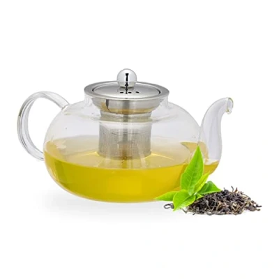Imagen de Relaxdays Tetera con Infusor, 1 L, Vidrio Borosilicato, Acero Inoxidable, Jarrita Té a Granel, Transparente/Plateado