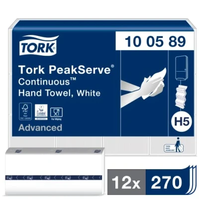 Imagen de Tork 100589 PeakServe toallas de mano papel H5 para dispensador toallas, 1 capa universal, blanco, 12 x 270