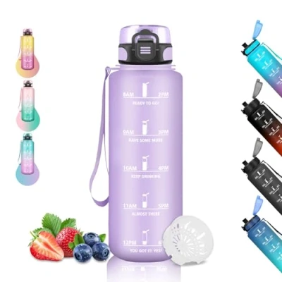 Imagen de Botella Agua, 1.5 Litros con Filtro, Agua Gimnasio a Prueba de Fugas, Reutilizable, Plastico Marca Tiempo, para Senderismo, Bicicleta, Violeta