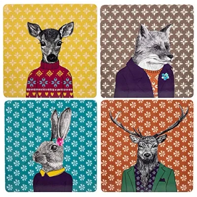 Imagen de English Vajilla Juego de 4 manteles individuales cuadrados con parte trasera corcho, diseño criaturas del bosque