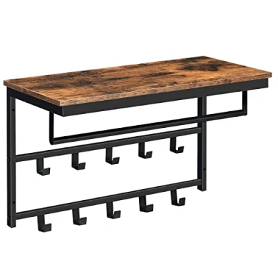 Imagen de HOOBRO Perchero de Pared con Estante, Estantería 10 Ganchos, Estante Mural Almacenamiento, 60 x 30 42 cm, Pasillo, Entrada, Estilo Industrial, Marrón Rústico y Negro EBF60YM01