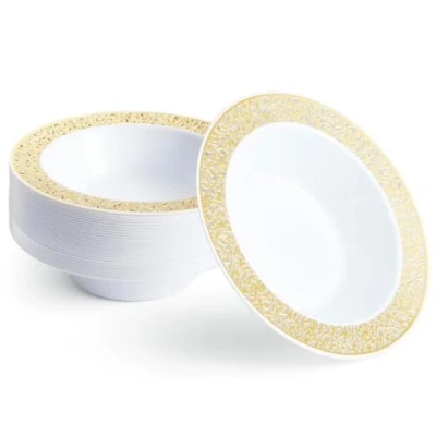 Imagen de MATANA 20 Cuencos de Plástico Blanco con Borde Dorado, 360ml Sopa, Platos Hondos para Bodas, Cumpleaños, Barbacoas, Fiestas Resistentes y Reutilizables
