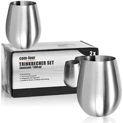 Imagen de com four® 2X Copa de Vino Acero Inoxidable 304 500 ml para Viajes Llevar sin Tallo Viaje BPA (2 Piezas 500ml Mate)