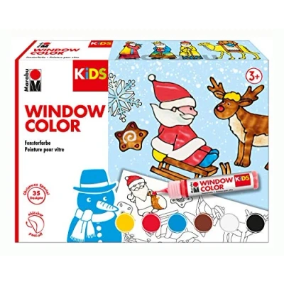 Imagen de Marabu 0306000000003 Niños Window Color Christmas con 6 x 25 ml de pintura, A3 35 diseños y lámina A4, a base agua, adecuada para vidrio, espejos, azulejos
