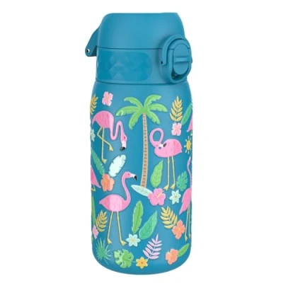 Imagen de Ion8 Botella Agua Acero Inoxidable para Niños, 400ml, a Prueba de Fugas, Fácil Abrir, Cerradura Segura, Apta Lavavajillas, Tapa Abatible, Asa Transporte, Limpiar, Diseño Flamencos