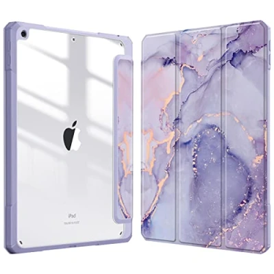 Imagen de Fintie Funda Durable Compatible con iPad 10,2&quot; 2021/2020/2019 (9.ª, 8.ª y 7.ª Gen) Portalápiz Carcasa Trasera Transparente a Prueba de Choques Auto Reposo/Activación, Mármol Lila Dorado