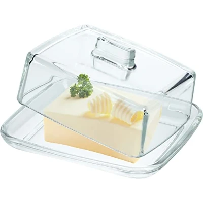 Imagen de KADAX Mantequera rectangular de cristal con tapa y asa, recipiente para mantequilla apto lavavajillas (transparente)
