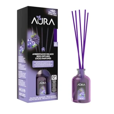 Imagen de AURA Ambientador Mikado con Varillas Larga Duración 8 Semanas 0% Alcohol 50ml (Frutos del Bosque, 50ml)