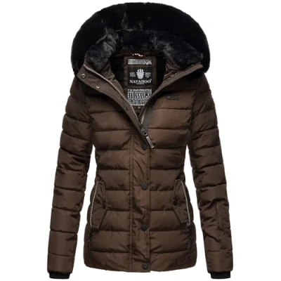 Imagen de Navahoo Chaqueta acolchada para mujer con capucha y cuello de piel B846, Color marrón oscuro., S