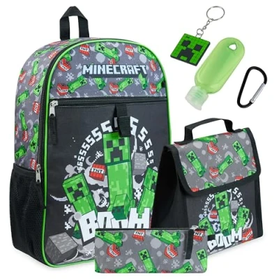 Imagen de Minecraft Juego de Mochila Escolar para niños con Bolsa Almuerzo y Estuche lápices, Multicolor, Talla única,