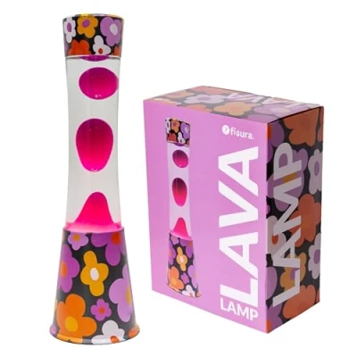 Imagen de Fisura Lámpara de lava “flores. Base Con estampado flores, líquido transparente y rosa. efecto relajante. bombilla repuesto. 11 cm x 11cm 39,5 cm.