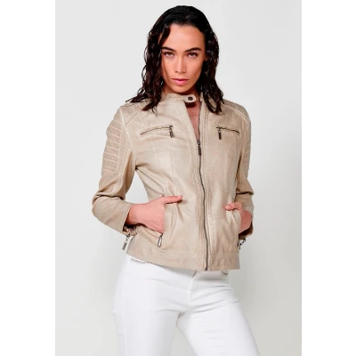 Imagen de Koroshi Chaqueta Cazadora efecto piel con Cierre delantero cremallera Cuello redondo color Beige para Mujer, de BEIGE, Talla S