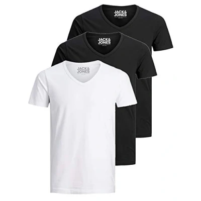 Imagen de Jack and Jones Camiseta básica para hombre, cuello en V, 3 unidades, Color liso, corte ajustado, blanco, negro, azul, gris, Mix 5, M