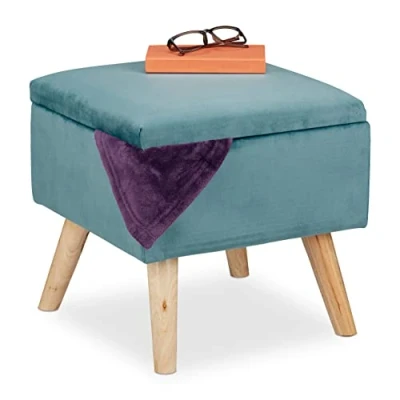 Imagen de Relaxdays Taburete de Terciopelo con Sitio Almacenaje, Acolchado, Cuadrado, Patas Madera, 40x40x40 cm, Turquesa