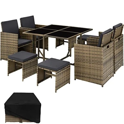 Imagen de TecTake® Conjunto Jardín Exterior de Ratán y Acero, Compacto Agrupable en Cubo, Muebles Resistente a la Intemperie, para 4 8 Personas, Fundas Extraíbles Funda Protectora Natural