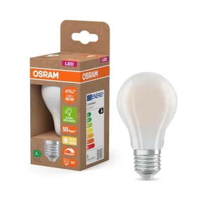 Imagen de OSRAM Energy Class con forma de bombilla clásica, 2,2 W / 470 lm, EEK A, (2700 K), CRI 80, fabricada en vidrio esmerilado sin plomo, E27, IP20, 60 mm diámetro, regulable.