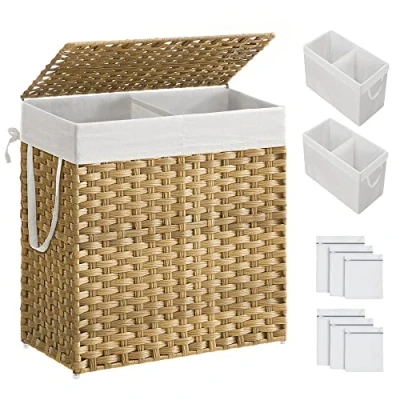 Imagen de SONGMICS Cesto de la Ropa, 110 L Tejido a Mano, Lavandería con Compartimentos Separados, Ratán Sintético, Tapa y Asas, Plegable, Bolsa Forro Extraíble, Natural LCB52NL