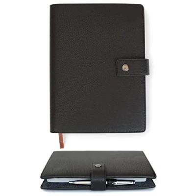 Imagen de CASE ELEGANCE Funda para diario recargable de cuero grano completo negro con cuaderno forrado A5, DURA a prueba arañazos