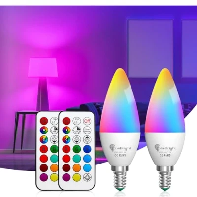 Imagen de TobeBright E14 Bombilla LED RGB de Colores 3W, Regulables Color Bombillas Vela C35 Luz Ajustable, 12 Mando a Distancia Función Memoria y Cronometraje para Casa Fiesta(2 pcs)