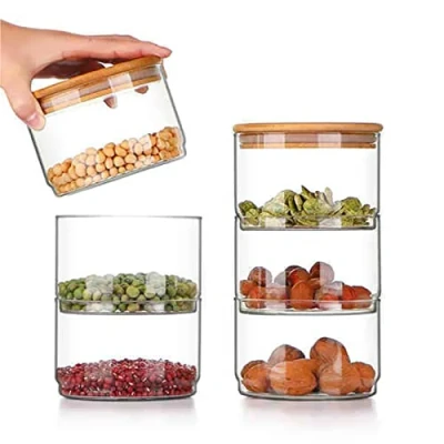 Imagen de tarros de vidrio apilables con tapas bambú, almacenamiento 3 niveles, contenedores apilables, herméticas para cocina