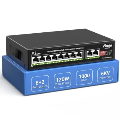 Imagen de Switch Gigabit PoE de 10 Puertos con 8 PoE, VIMIN Red no Gestionado 10/100/1000Mbps 2 Uplink, AI Watchdog, VLAN, Extender 250m, Soporte IEEE802.3af/at