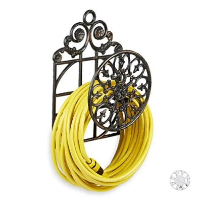 Imagen de Relaxdays Enrollador de manguera, Soporte grande para la pared, Vintage, Hierro fundido, 50 x 32 20 cm, Bronce
