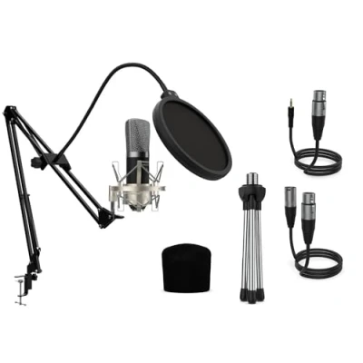 Imagen de Audibax Berlin 1800 Silver Pro Microfono de Condesandor Estudio Incluye Soporte, Anti Pop y Cables Respuesta en Frecuencia 20 Hz/20 KHz Micrófono Patrón Polar Cardioide Color Plata