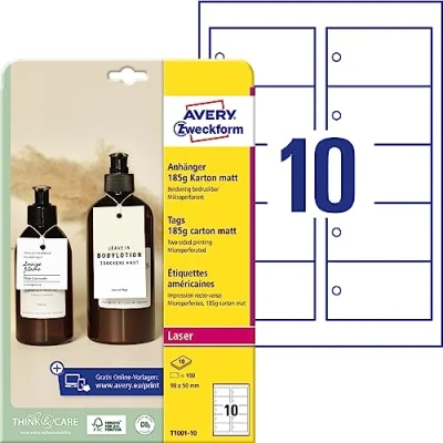 Imagen de Avery España T1001 10 Colgantes imprimibles doble cara de cartón microperforado, 185 gr, incluye el hilo para colgarlos,rectangular 90x50mm, caja 100 colgantes, impresora láser e Inkjet
