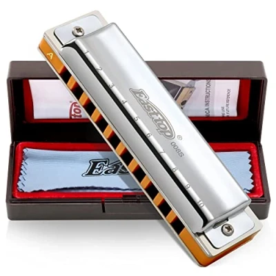 Imagen de East Top 10 Hole Professional Diatonic Blues Harmonica Key A con cubierta plateada, Probgrade Armónica para adultos, jugadores profesionales y estudiantes