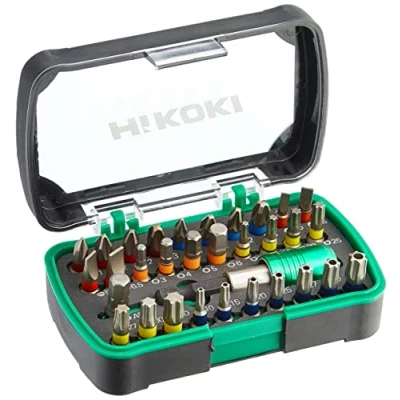 Imagen de Hitachi tools 750363 Set Puntas de atornillar Phillips, Pozidrive, Torx, inviolables, hexagonales y Planas + portapuntas Adaptador, 0 V, Verde, 0, 32 Piezas