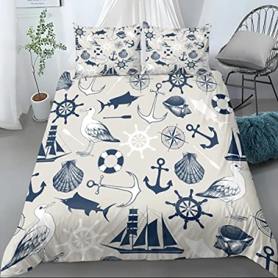 Imagen de Funda Nordica Cama 135/150 Marinera Náutica Edredon 220 x 240 cm y 2 Fundas de Almohada 50x75 cm, Juego Ropa 3 Piezas, Nordicas Microfibra Suave