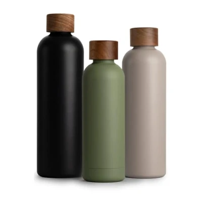 Imagen de T&amp;N botella térmica de acero inoxidable, 500 ml, 0,5 l, con tapa madera acacia, agua aislada, a prueba fugas en ácido carbónico, isotérmica verde oliva