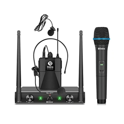 Imagen de D Debra Audio AU200 Pro UHF Sistema de micrófono inalámbrico 2 Canales con micrófonos Diadema Solapa Mano inalámbricos, Ideal para Karaoke Fiesta en la Iglesia (1 y 1 bodypack)
