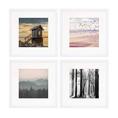 Imagen de PHOTOLINI marcos 30x30 cm blanco madera MDF, set de 4 para pósteres con paspartú 20x20 cm, cristal acrílico, colgar y poner pie, incluye accesorios fotos, láminas