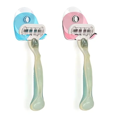Imagen de kwmobile 2x Soporte para maquinilla de afeitar con ventosa Set organizador adhesivo el baño vidrio y azulejos rojo/azul claro/transparente