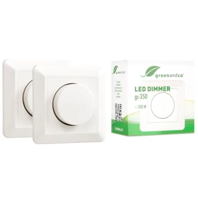Imagen de 2x greenandco® gc 350 regulador de intensidad LED giratorio 1 W, también adecuado para circuitos con conmutador, función disparo programable, empotrable, blanco