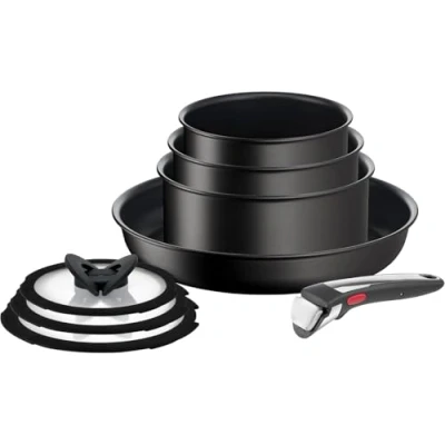 Imagen de Tefal Ingenio Ultimate On Juego 8 piezas apilables: 3 cazos apilables 16/18/20cm + sarten 28cm tapas mango extraíble, revestimiento antiadherente, apta todas las cocinas y horno