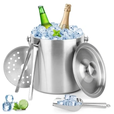 Imagen de NVIYAM Cubitera de Acero Inoxidable,2L Cubo Hielo,Cubitera con Tapa,Pinzas, colador y asa,Doble Pared para Vino Botella Champán,para Fiestas en Bar Casa