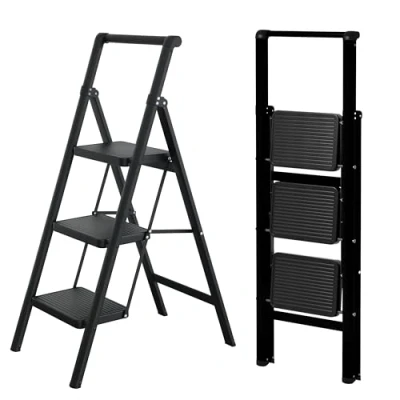 Imagen de UABA Escalera Plegable 3 peldaños Negra, Liviana y compacta, Anchos Antideslizantes, Norma EN 131