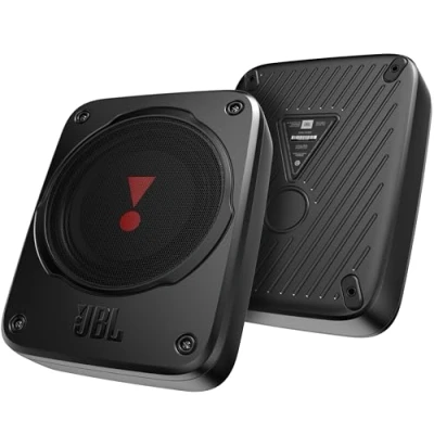 Imagen de JBL BassPro Lite: Subwoofer Activo Coche Autoamplificado y Ultracompacto de Harman Kardon, Fácil instalar Bajo el Asiento, 200W Amplificador Integrado, Compatible con Echo Auto, Conectable en Serie