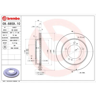 Imagen de BREMBO 09.6859.10 Disco de freno 287 17 5 ventilación interna SUZUKI: Vitara I SUV, Jimny SUV Cabrio