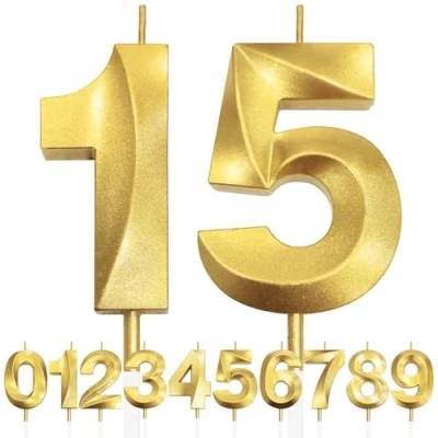 Imagen de 15th Vela de Cumpleaños con Purpurina Dorada y Diseño 3D Número 15, Velas Números, Decoración Tarta, Tarta para Fiesta Cumpleaños, Aniversario Boda,