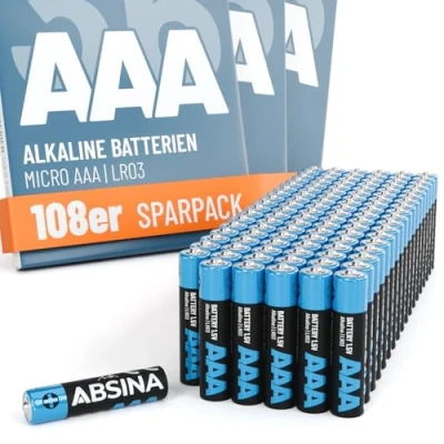 Imagen de ABSINA 108 pilas AAA alcalinas de 1,5 V, larga duración, micro LR03 para mando a distancia, juguetes, despertador UVM