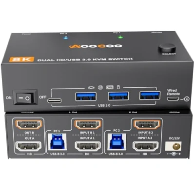 Imagen de Conmutador KVM HDMI de 8 K60 Hz, 2 PC, monitores, 4 K120 USB 3.0, conmutadores con puertos para dos ordenadores doble monitor, mando a distancia por cable y incluido en el