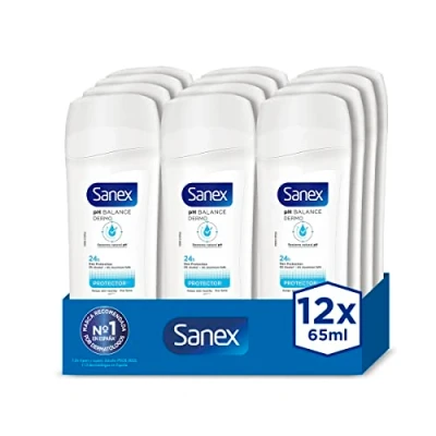 Imagen de Sanex Dermo Protector Desodorante Stick para Mujeres y Hombres, Pack 12 uds x 65ml, hasta 24H de Protección Contra Olores, Restaura el pH Natural la Piel, Dermatológicamente Testado