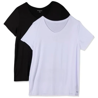Imagen de Amazon Essentials Camiseta técnica elástica de Manga Corta y Cuello en Pico (Disponible Tallas Grandes) Mujer, Pack 2, Blanco/Negro, M