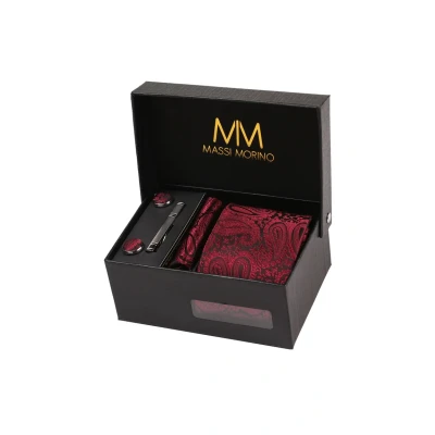 Imagen de Massi Morino Corbatas de hombre Paisley Burdeos y pañuelos con gemelos, clip corbata set Rojo Oscuro Accesorio traje modernas para boda
