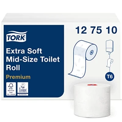 Imagen de Tork 127510 Papel higiénico extra suave y compacto Premium de 3 capas compatibles con el sistema T6, 27 rollos (27 x 70 m)